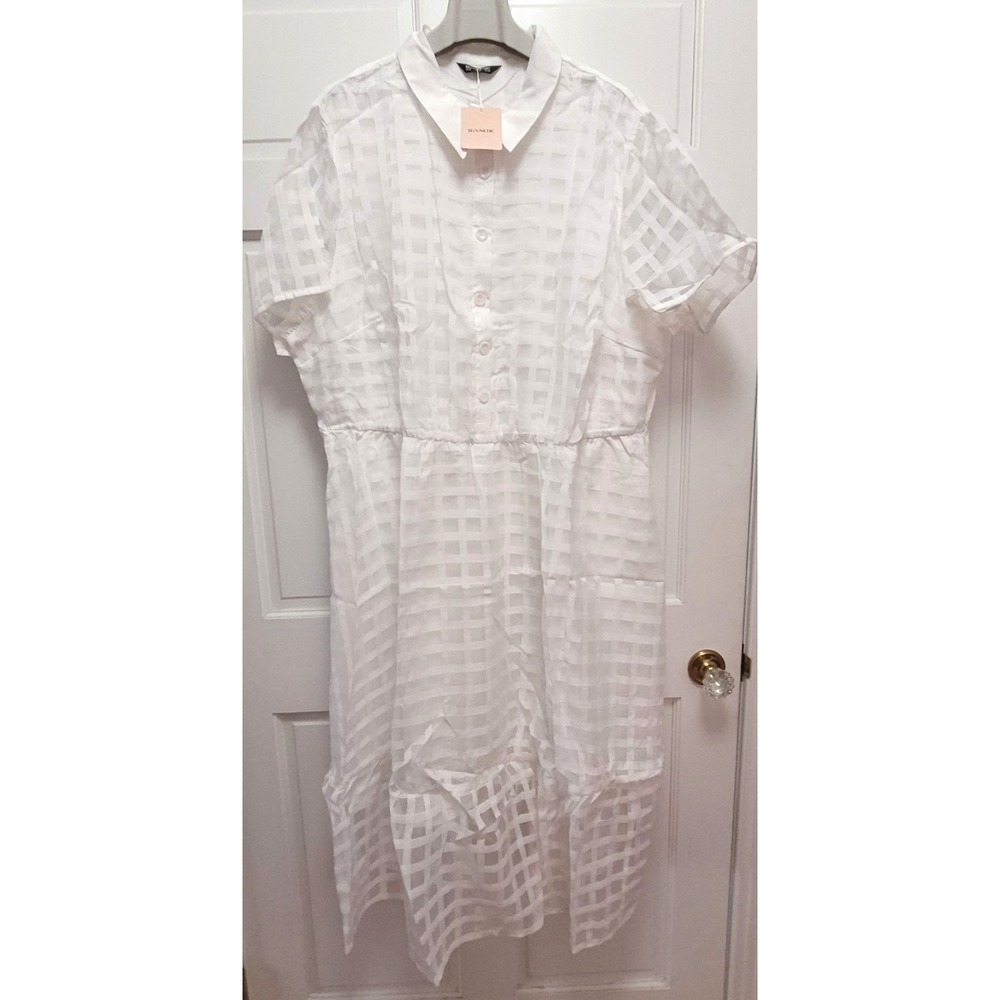 Bloomchic Women's Short Sleeve Chiffon Overlay Windowpane Dress -‎ White - Sz 26